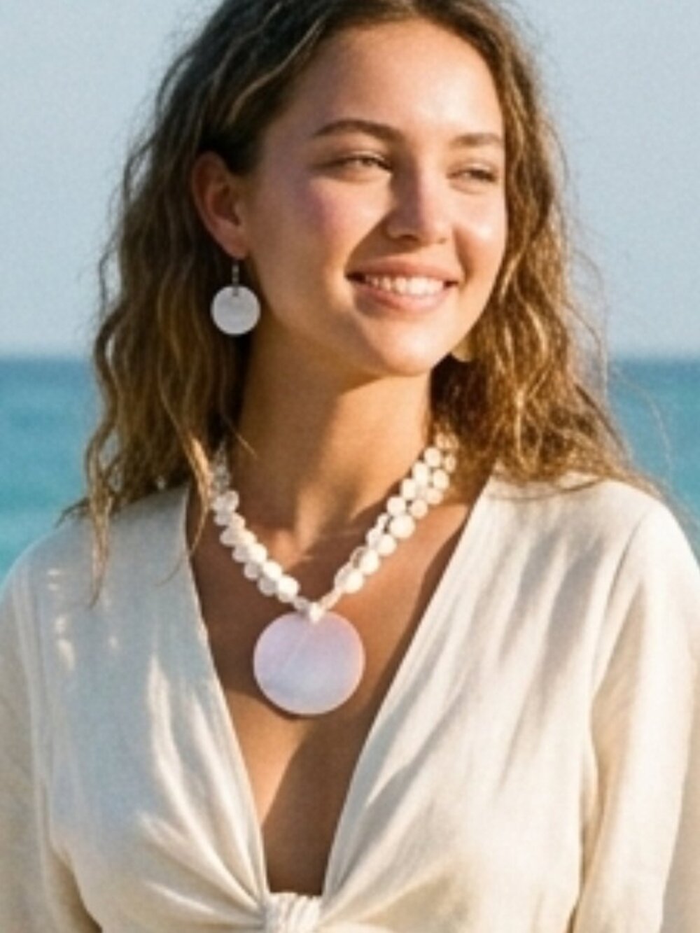 Ivory Shell & Bead Statement Necklace & Earrings Set Boho Resort Wear